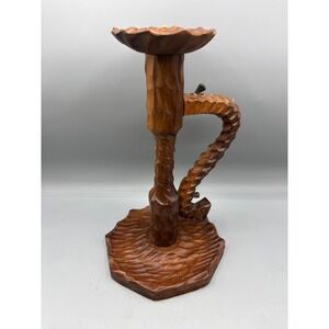 Vtg Original Schawa Handarbeit Carved Wood Wooden Candle Holder Rustic Brutalist
